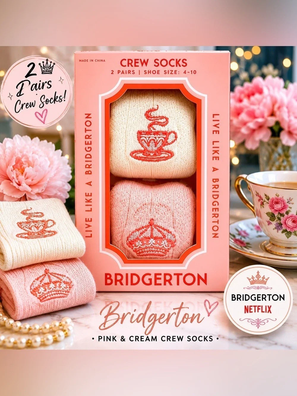 Bridgerton 2 Pair Crew Socks Gift Set Pink Cream Netflix NWT